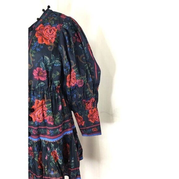 FARM Rio Mini Dress S Black Flower Tapestry Teal Floral Cottagecore Summer - Picture 7 of 16